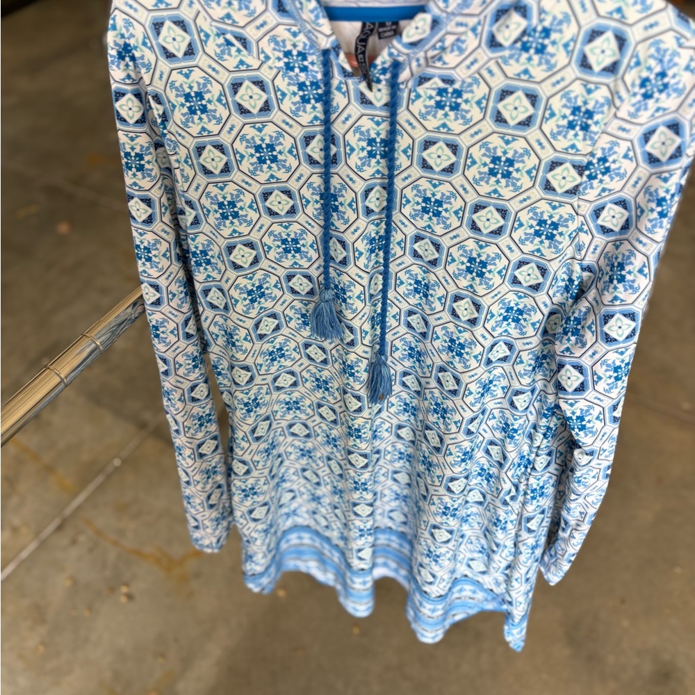 Boutique Blue and White Patterned Hoodie Swim Cover Dress